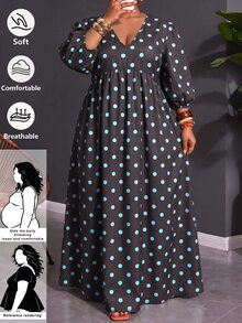 SHEIN CURVE+ 大尺碼女款波點印花V領燈籠袖優雅洋裝 - 彩色 - 查看 1