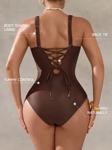 Shapewave 26SS Spring/Summer Brown Elegant V-Neck Printed Bodycon One-Piece Swimsuit, Women's One-Piece - Brown - View 2