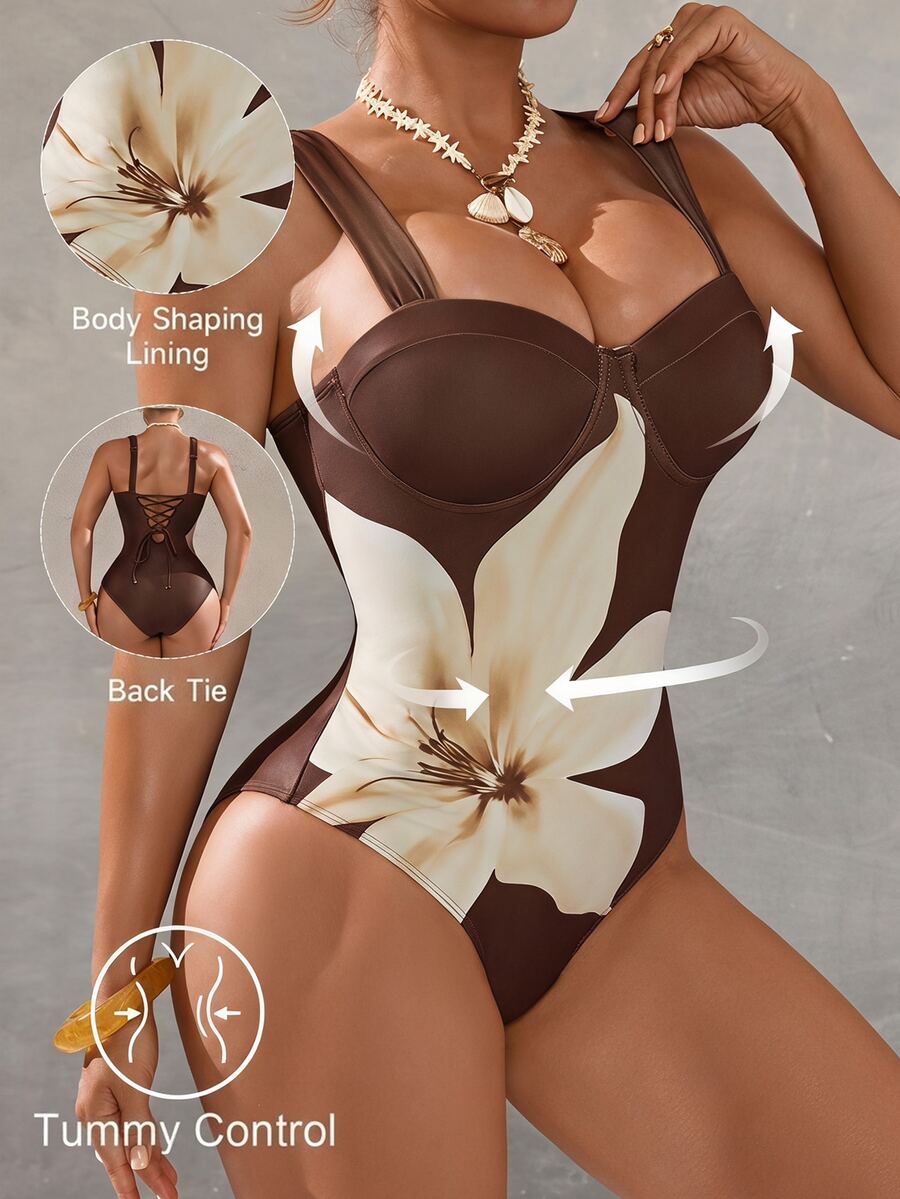 Shapewave 26SS Spring/Summer Brown Elegant V-Neck Printed Bodycon One-Piece Swimsuit, Women's One-Piece - Brown - View 1