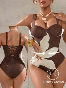 Shapewave 26SS Spring/Summer Brown Elegant V-Neck Printed Bodycon One-Piece Swimsuit, Women's One-Piece - Brown - View 3