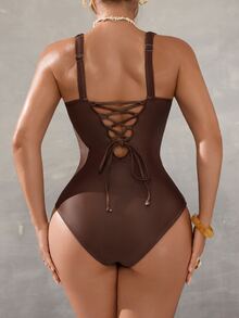 Shapewave 26SS Spring/Summer Brown Elegant V-Neck Printed Bodycon One-Piece Swimsuit, Women's One-Piece - Brown - View 8