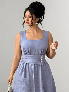 Elenzga Women's Plus Size Square Neck Front Button Decor Back Ruched Long Dress In Misty Blue, Versatile Slimming Elegant Dress For Commute, Date, Weekend Shopping, Casual Dining, Store Visiting, Leisure Outings - Blue - View 10