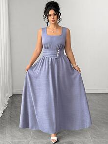 Elenzga Women's Plus Size Square Neck Front Button Decor Back Ruched Long Dress In Misty Blue, Versatile Slimming Elegant Dress For Commute, Date, Weekend Shopping, Casual Dining, Store Visiting, Leisure Outings - Blue - View 3