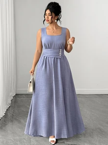 Elenzga Women's Plus Size Square Neck Front Button Decor Back Ruched Long Dress In Misty Blue, Versatile Slimming Elegant Dress For Commute, Date, Weekend Shopping, Casual Dining, Store Visiting, Leisure Outings - Blue - View 9
