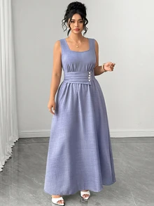 Elenzga Women's Plus Size Square Neck Front Button Decor Back Ruched Long Dress In Misty Blue, Versatile Slimming Elegant Dress For Commute, Date, Weekend Shopping, Casual Dining, Store Visiting, Leisure Outings - Blue - View 4