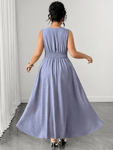Elenzga Women's Plus Size Square Neck Front Button Decor Back Ruched Long Dress In Misty Blue, Versatile Slimming Elegant Dress For Commute, Date, Weekend Shopping, Casual Dining, Store Visiting, Leisure Outings - Blue - View 8