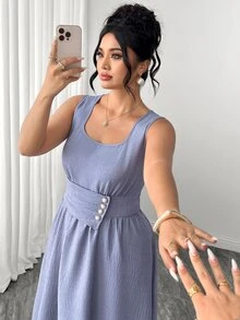 Elenzga Women's Plus Size Square Neck Front Button Decor Back Ruched Long Dress In Misty Blue, Versatile Slimming Elegant Dress For Commute, Date, Weekend Shopping, Casual Dining, Store Visiting, Leisure Outings - Blue - View 1