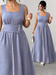 Elenzga Women's Plus Size Square Neck Front Button Decor Back Ruched Long Dress In Misty Blue, Versatile Slimming Elegant Dress For Commute, Date, Weekend Shopping, Casual Dining, Store Visiting, Leisure Outings - Blue - View 2