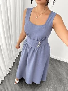 Elenzga Women's Plus Size Square Neck Front Button Decor Back Ruched Long Dress In Misty Blue, Versatile Slimming Elegant Dress For Commute, Date, Weekend Shopping, Casual Dining, Store Visiting, Leisure Outings - Blue - View 6