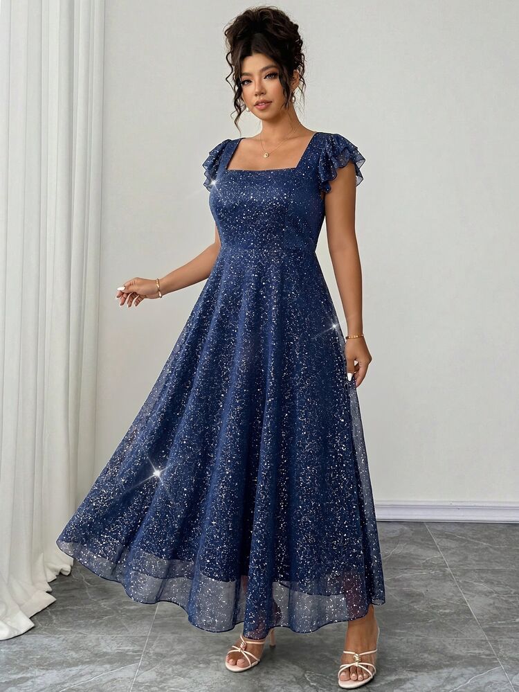 Elenzga Plus Size Women's Romantic Elegant Sleeveless Square Neck Floral Embroidered Dress Wedding Formal Navy Blue Summer - Blue - View 8