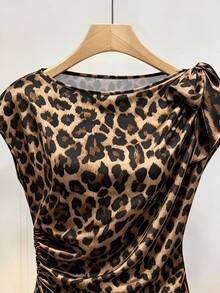 Seusyu Leopard Print Satin Pleated Cinched Waist Elegant Sexy Blouse For Women Night Out Brown Summer - Multicolor - View 4