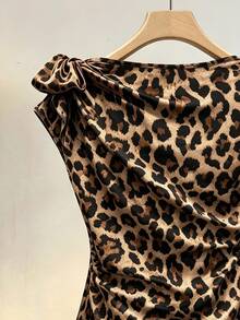 Seusyu Leopard Print Satin Pleated Cinched Waist Elegant Sexy Blouse For Women Night Out Brown Summer - Multicolor - View 3