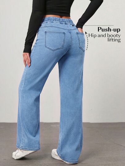 Flexra Casual Baggy Wide Leg High Waist Elastic Light Blue Daily Washed Comfortable Flattering Wear Jeans For Women Date Night Fashion Week Summer