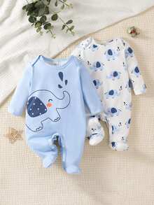 SHEIN 2pcs Newborn Simple Cute Elephant Print White & Blue Long Sleeve & Leg Footed Romper Sleepwear Set - Blue - View 6