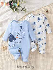 SHEIN 2pcs Newborn Simple Cute Elephant Print White & Blue Long Sleeve & Leg Footed Romper Sleepwear Set - Blue - View 1