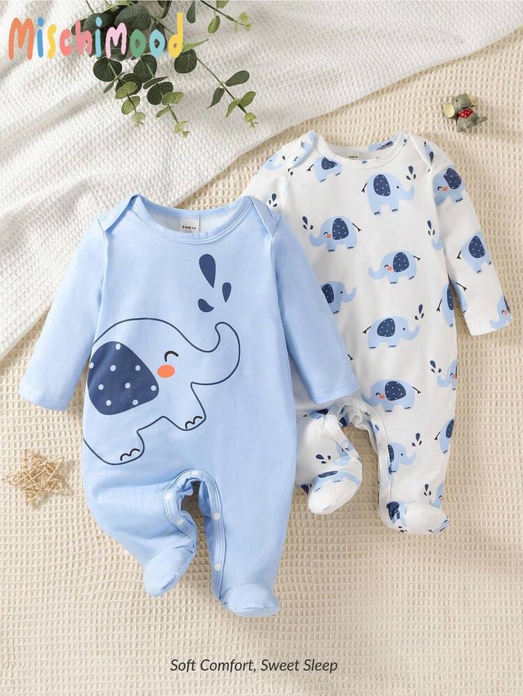 SHEIN Set de 2 piezas de mamelucos de dormir con pies y estampado de elefante azul y blanco de manga larga para recién nacidos - Azul - Añade 1