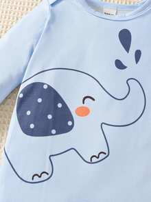 SHEIN 2pcs Newborn Simple Cute Elephant Print White & Blue Long Sleeve & Leg Footed Romper Sleepwear Set - Blue - View 4
