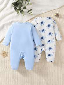 SHEIN 2pcs Newborn Simple Cute Elephant Print White & Blue Long Sleeve & Leg Footed Romper Sleepwear Set - Blue - View 2