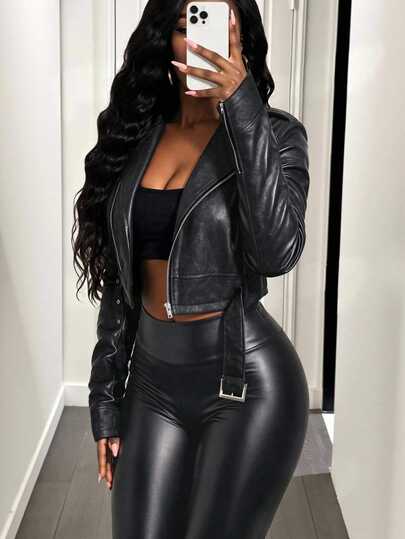 BamGleam Women's Vintage Style Leather Short Jacket With Collar, Zipper And Waist Belt Fall Winter Cloth For Women