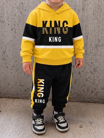 Young Boys Casual Minimalist Loose Fit Sporty Hoodie & Sweatpants 2 Pieces Set, Long Sleeve, Suitable For Autumn/Winter, Classic Color Block Graphic Print, Classic King Text Graphic Print