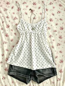 Sundraya Regular Fit A-Line Camisole Top Vacation White And Black Polka Dot Summer Vintage Cute - Multicolor - View 4