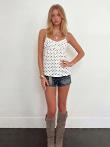 Sundraya Regular Fit A-Line Camisole Top Vacation White And Black Polka Dot Summer Vintage Cute - Multicolor - View 1