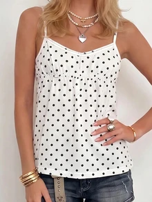 Sundraya Regular Fit A-Line Camisole Top Vacation White And Black Polka Dot Summer Vintage Cute - Multicolor - View 3