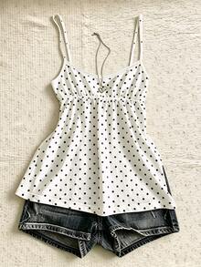 Sundraya Regular Fit A-Line Camisole Top Vacation White And Black Polka Dot Summer Vintage Cute - Multicolor - View 6