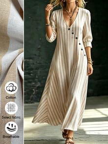 Linhara CURVE Plus-Size Women's V-Neck Long Textured Striped Dress Casual Autumn Brunch Formal White Boho Fall Vacation - Apricot - View 3
