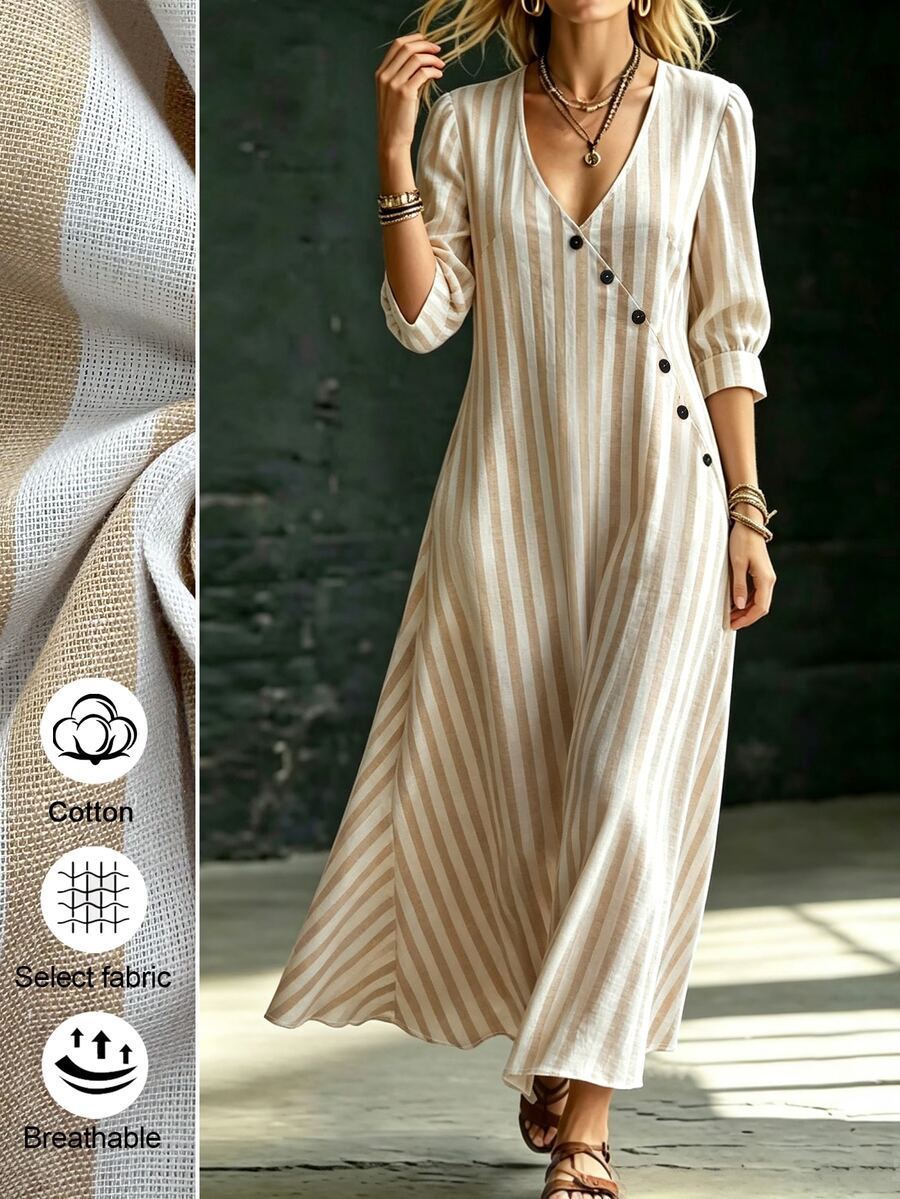 Linhara CURVE Plus-Size Women's V-Neck Long Textured Striped Dress Casual Autumn Brunch Formal White Boho Fall Vacation - Apricot - View 1