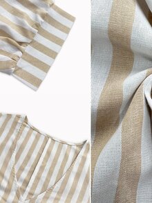 Linhara CURVE Plus-Size Women's V-Neck Long Textured Striped Dress Casual Autumn Brunch Formal White Boho Fall Vacation - Apricot - View 8