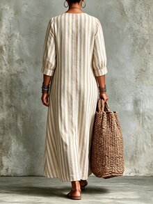 Linhara CURVE Plus-Size Women's V-Neck Long Textured Striped Dress Casual Autumn Brunch Formal White Boho Fall Vacation - Apricot - View 2