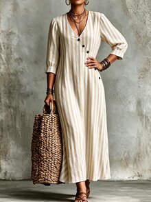 Linhara CURVE Plus-Size Women's V-Neck Long Textured Striped Dress Casual Autumn Brunch Formal White Boho Fall Vacation - Apricot - View 5