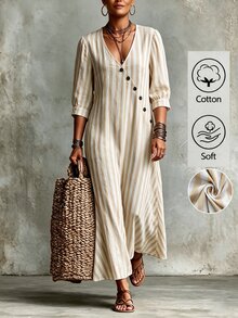 Linhara CURVE Plus-Size Women's V-Neck Long Textured Striped Dress Casual Autumn Brunch Formal White Boho Fall Vacation - Apricot - View 1