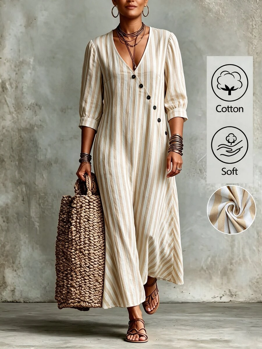 Linhara CURVE Plus-Size Women's V-Neck Long Textured Striped Dress Casual Autumn Brunch Formal White Boho Fall Vacation - Apricot - View 1
