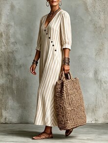 Linhara CURVE Plus-Size Women's V-Neck Long Textured Striped Dress Casual Autumn Brunch Formal White Boho Fall Vacation - Apricot - View 7