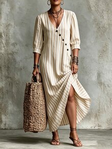 Linhara CURVE Plus-Size Women's V-Neck Long Textured Striped Dress Casual Autumn Brunch Formal White Boho Fall Vacation - Apricot - View 6