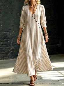 Linhara CURVE Plus-Size Women's V-Neck Long Textured Striped Dress Casual Autumn Brunch Formal White Boho Fall Vacation - Apricot - View 4