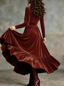 Glimmora Gaun Wanita Model Flare Oversized Lengan Panjang Bahan Velvet, Musim Gugur/Dingin - Merah - View 2