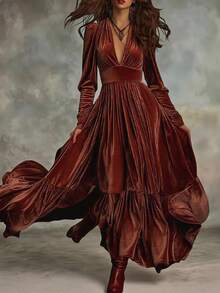 Glimmora Gaun Wanita Model Flare Oversized Lengan Panjang Bahan Velvet, Musim Gugur/Dingin - Merah - View 3