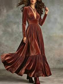 Glimmora Gaun Wanita Model Flare Oversized Lengan Panjang Bahan Velvet, Musim Gugur/Dingin - Merah - View 1
