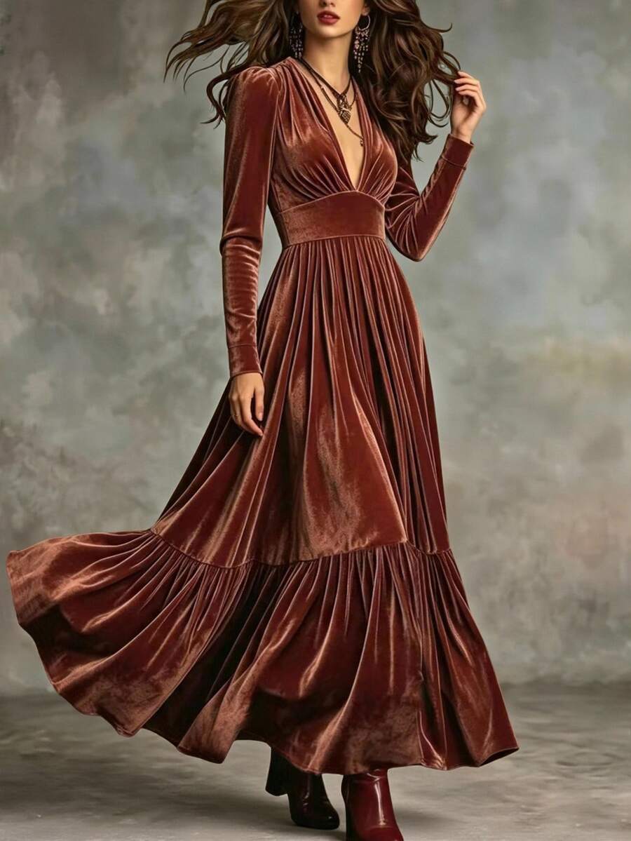 Glimmora Gaun Wanita Model Flare Oversized Lengan Panjang Bahan Velvet, Musim Gugur/Dingin - Merah - View 1