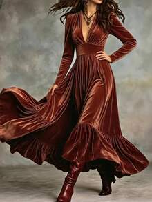 Glimmora Gaun Wanita Model Flare Oversized Lengan Panjang Bahan Velvet, Musim Gugur/Dingin - Merah - View 5