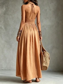 Glimmora Gaun Wanita Panjang Model Halter Neck dengan Pita di Leher, Tanpa Punggung, Detail Kerut, Ukuran Besar, Model Mengembang, Warna Polos - Kuning - View 2