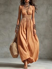 Glimmora Gaun Wanita Panjang Model Halter Neck dengan Pita di Leher, Tanpa Punggung, Detail Kerut, Ukuran Besar, Model Mengembang, Warna Polos - Kuning - View 5