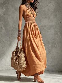 Glimmora Gaun Wanita Panjang Model Halter Neck dengan Pita di Leher, Tanpa Punggung, Detail Kerut, Ukuran Besar, Model Mengembang, Warna Polos - Kuning - View 4
