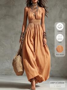 Glimmora Gaun Wanita Panjang Model Halter Neck dengan Pita di Leher, Tanpa Punggung, Detail Kerut, Ukuran Besar, Model Mengembang, Warna Polos - Kuning - View 3