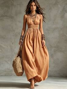 Glimmora Gaun Wanita Panjang Model Halter Neck dengan Pita di Leher, Tanpa Punggung, Detail Kerut, Ukuran Besar, Model Mengembang, Warna Polos - Kuning - View 1