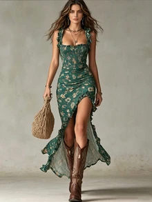 Glimmora Women's Plus Size Floral Print Long Dress - Green - View 1