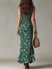 EMERY ROSE Women's Fashion Ruffled Strap Full Print Dress - Green - View 2
